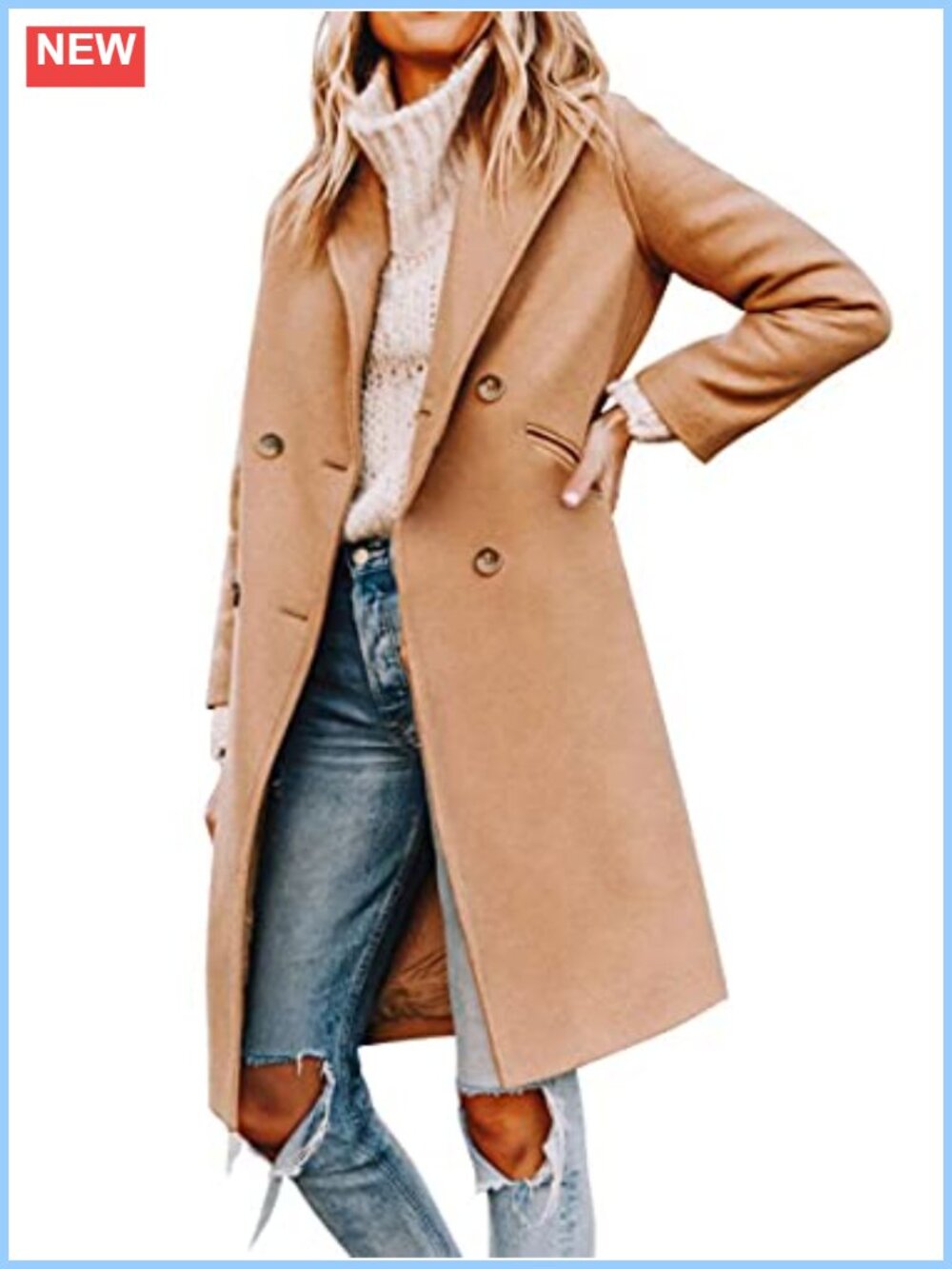 Women's Notched Lapel Double Breasted Pea Coat Mid Long